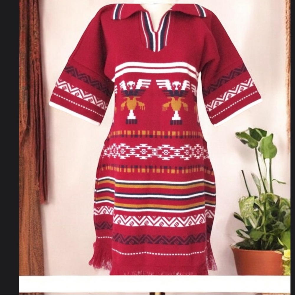 Vintage tribal Aztec knit Red fringe Dress small